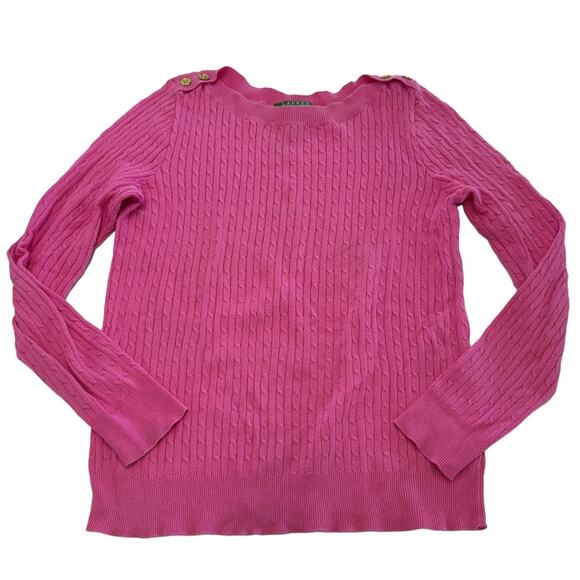 Lauren Ralph Lauren Sweater Womens Medium Pink Cable Knit Button Shoulder - Picture 1 of 7
